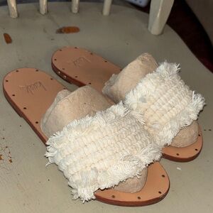 beek Beige and Cream Woven Slide Sandals